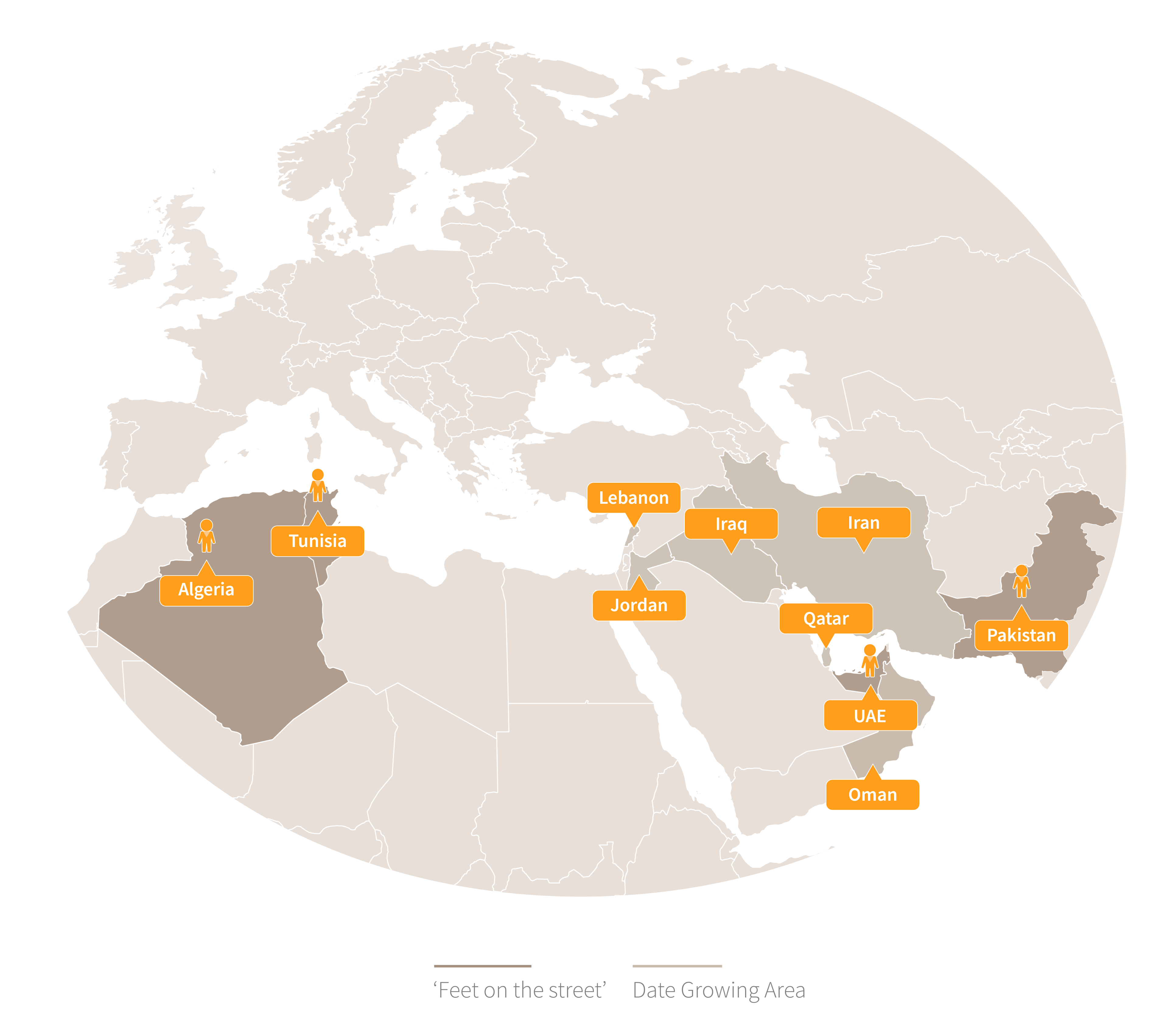 Global Foods cover the world's date growing areas with feet on the street in Pakistan, Dubai, Algeria, and Tunisia.
